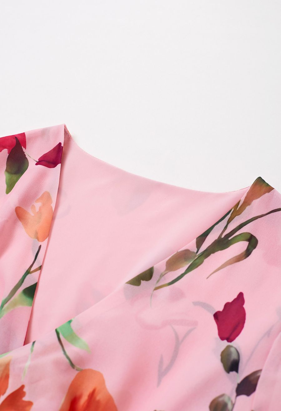 Pink Blossom Tie-Front V-Neck Maxi Dress