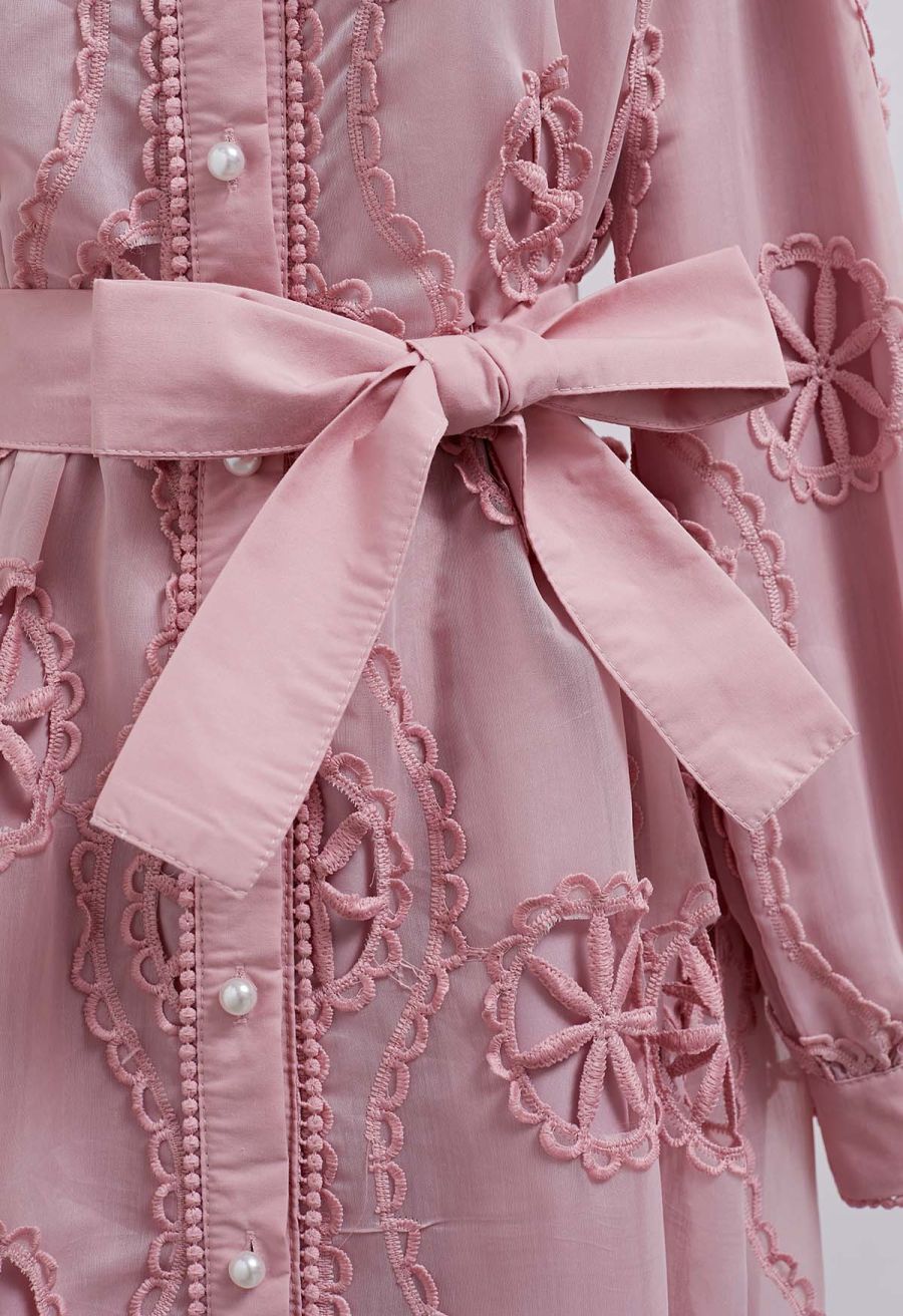 Cutwork Crochet Button Down Midi Dress in Pink