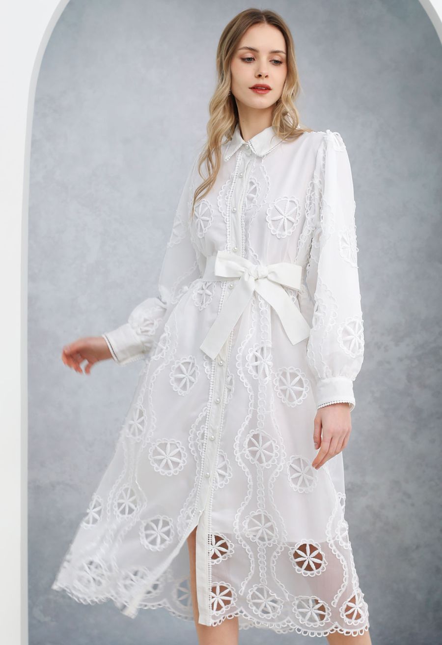 Cutwork Crochet Button Down Midi Dress in White