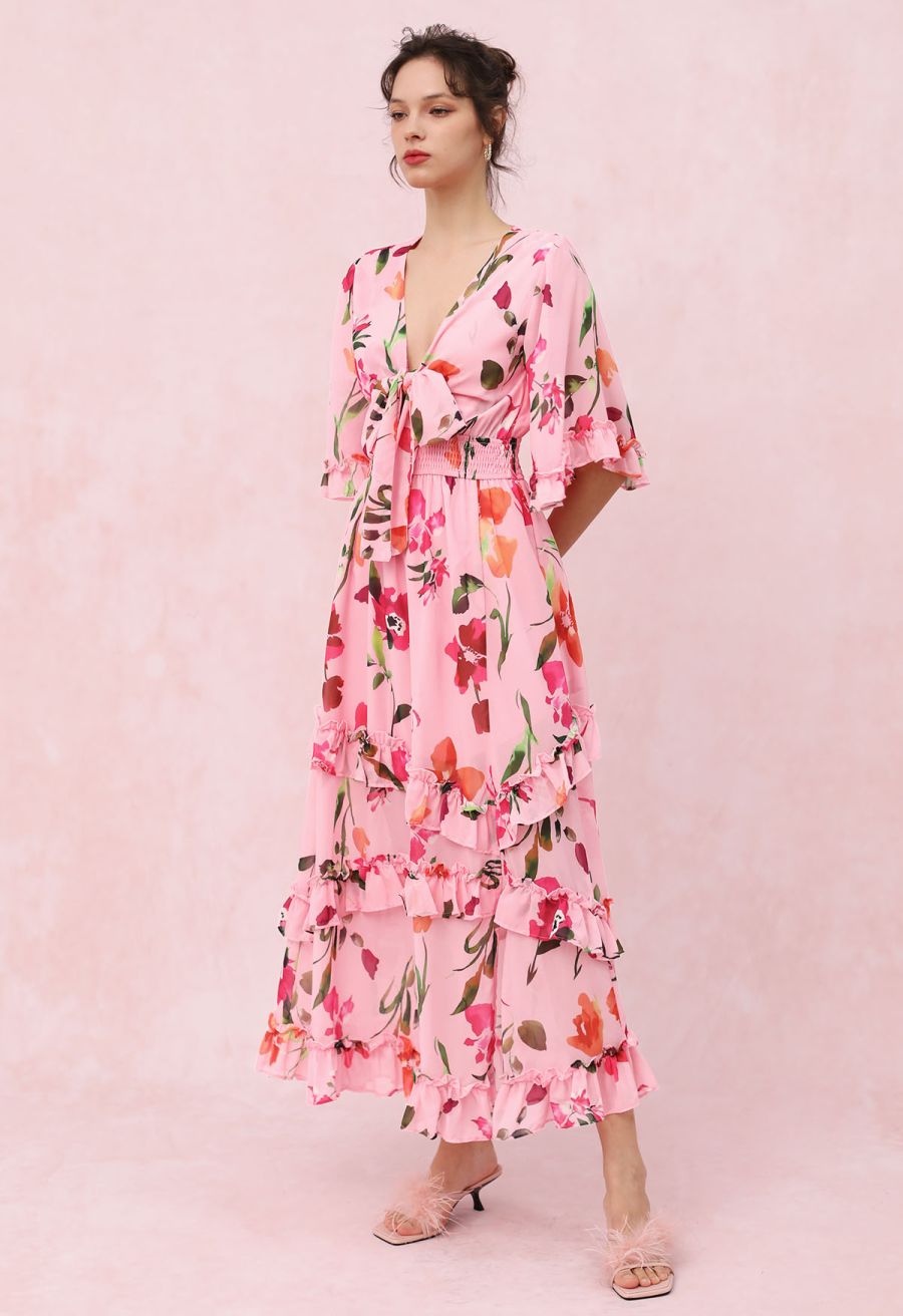 Pink Blossom Tie-Front V-Neck Maxi Dress