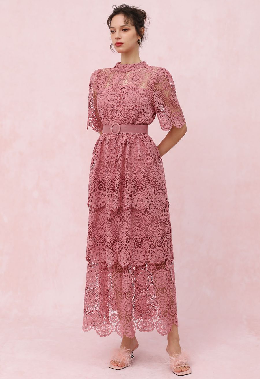 Cutwork Lace Belted Tiered Maxi Dress in Pink