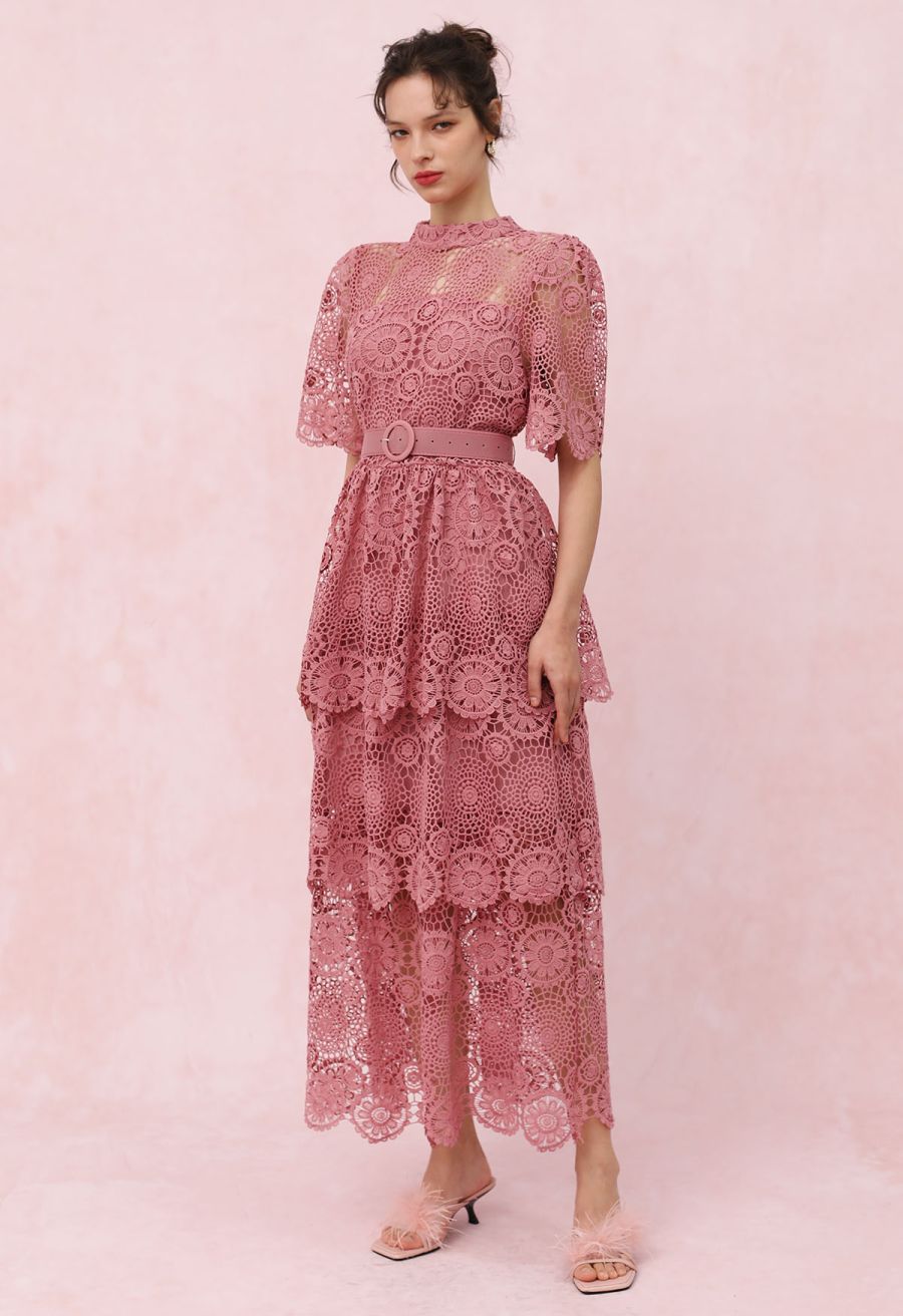 Cutwork Lace Belted Tiered Maxi Dress in Pink