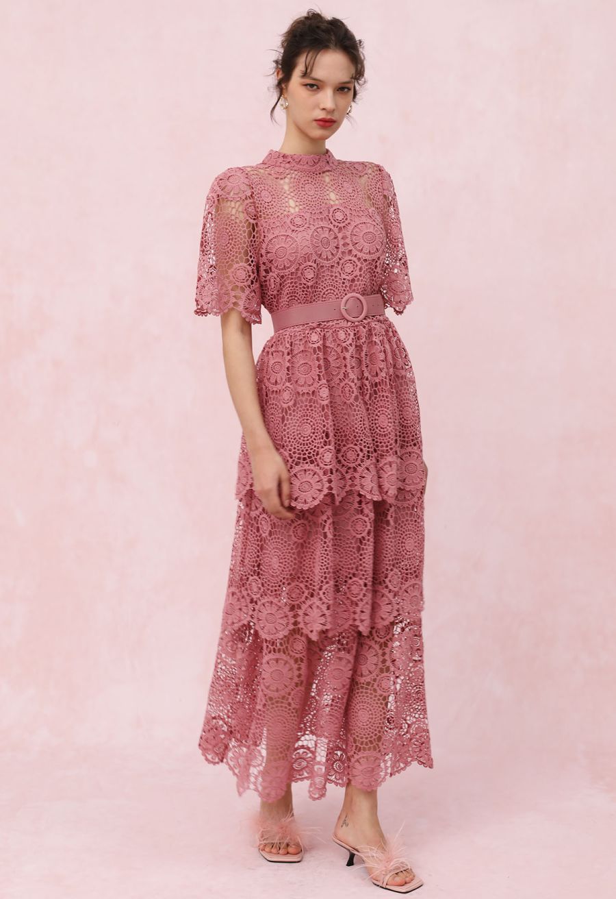 Cutwork Lace Belted Tiered Maxi Dress in Pink