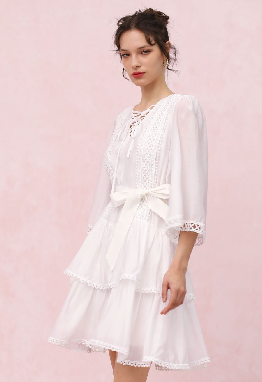 Cutwork Trim Flare Sleeve Tiered Dress in White