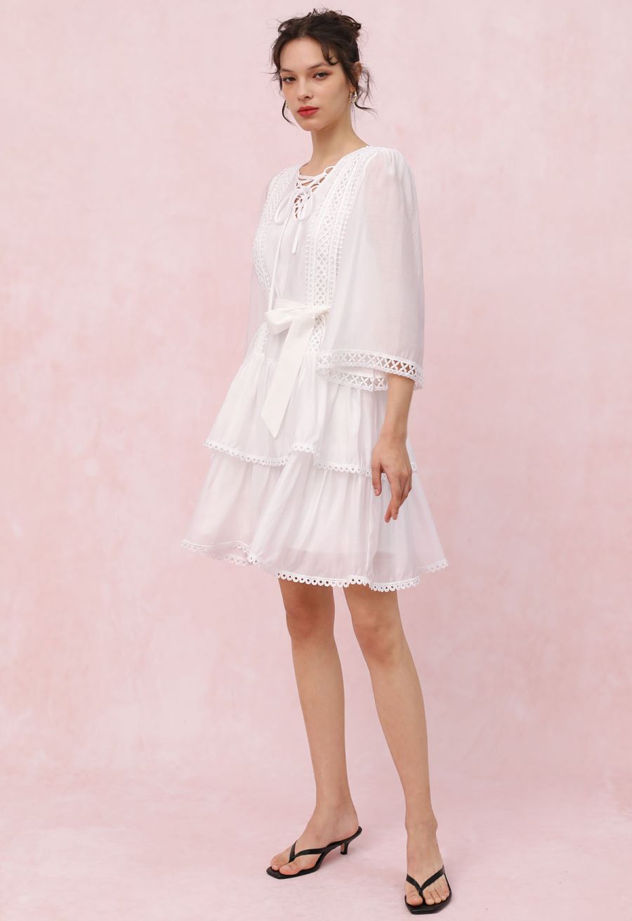 Cutwork Trim Flare Sleeve Tiered Dress in White