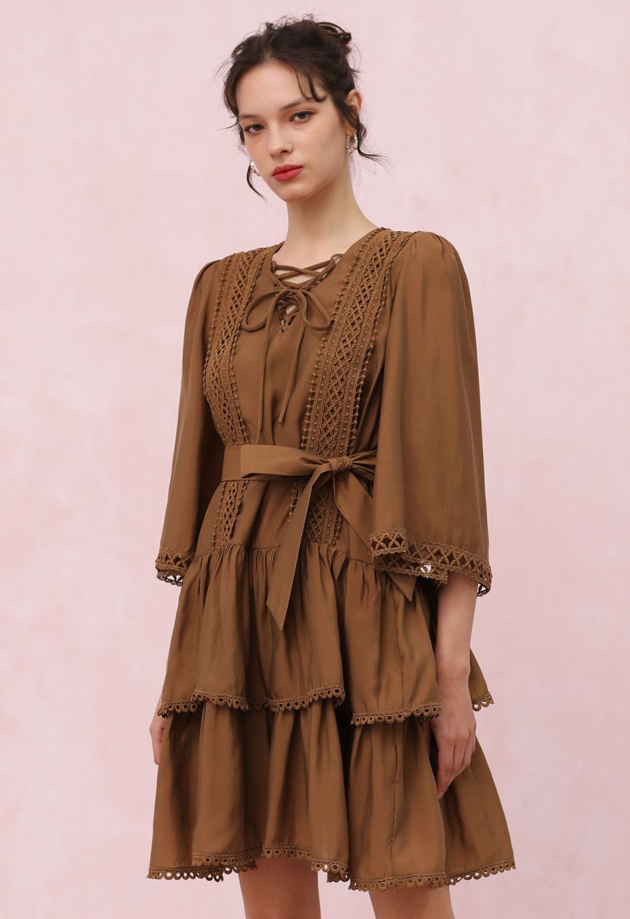 Cutwork Trim Flare Sleeve Tiered Dress in Caramel