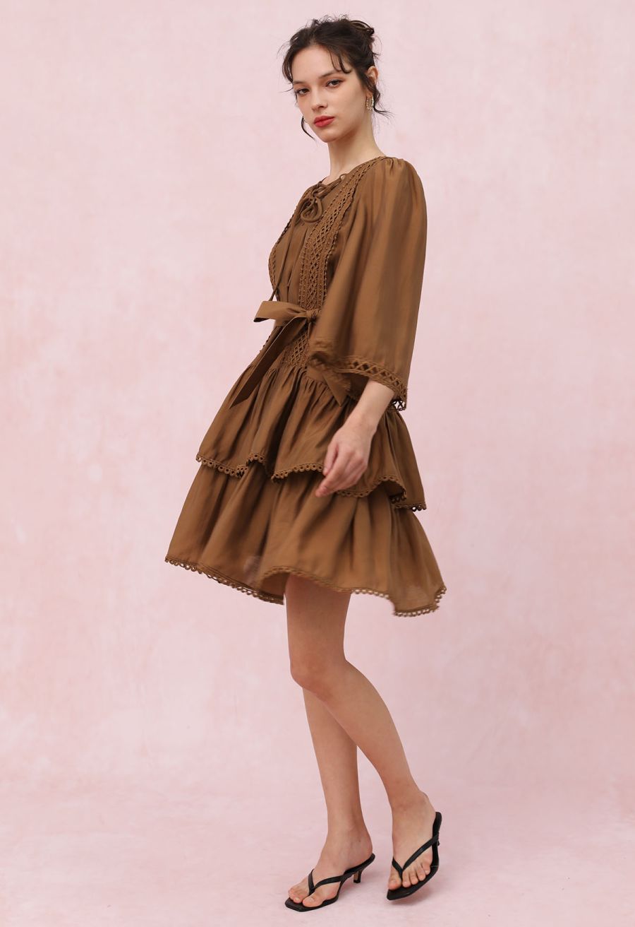 Cutwork Trim Flare Sleeve Tiered Dress in Caramel