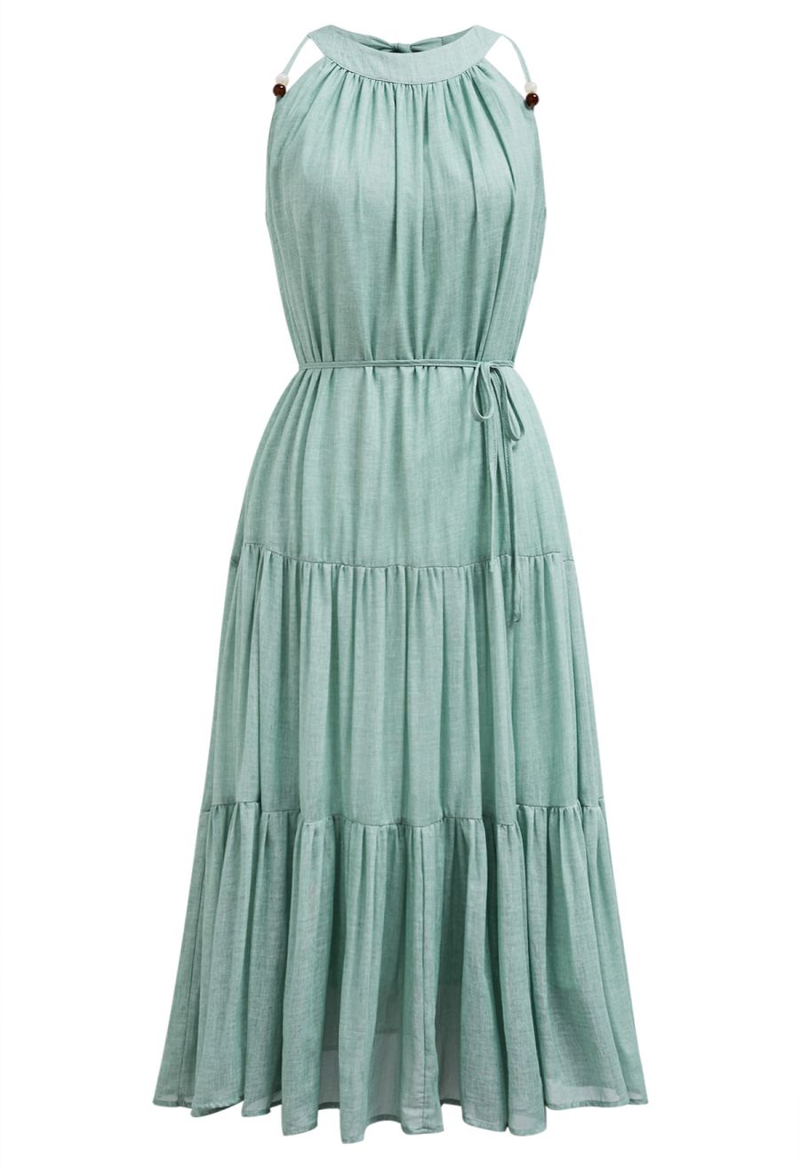 Beaded Tie-Neck Halter Dress in Pea Green