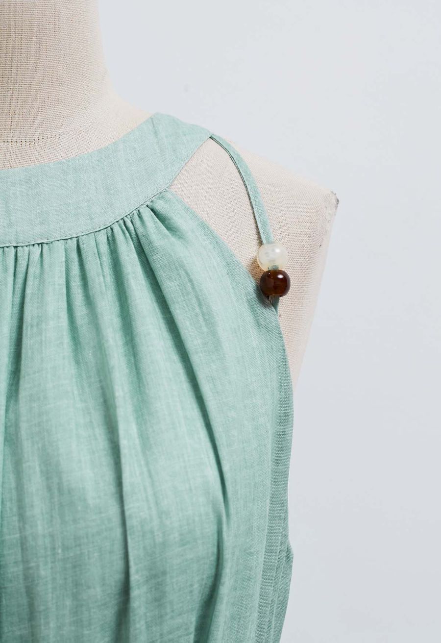 Beaded Tie-Neck Halter Dress in Pea Green