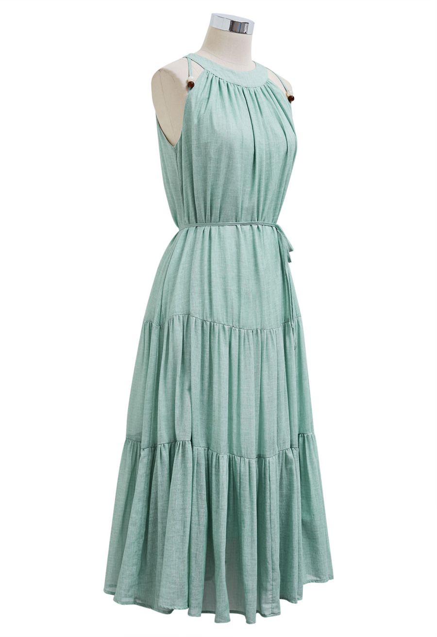 Beaded Tie-Neck Halter Dress in Pea Green