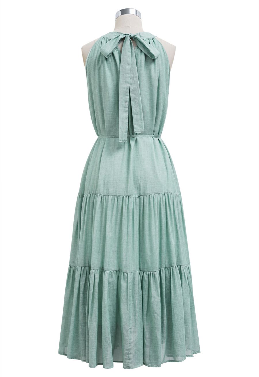 Beaded Tie-Neck Halter Dress in Pea Green