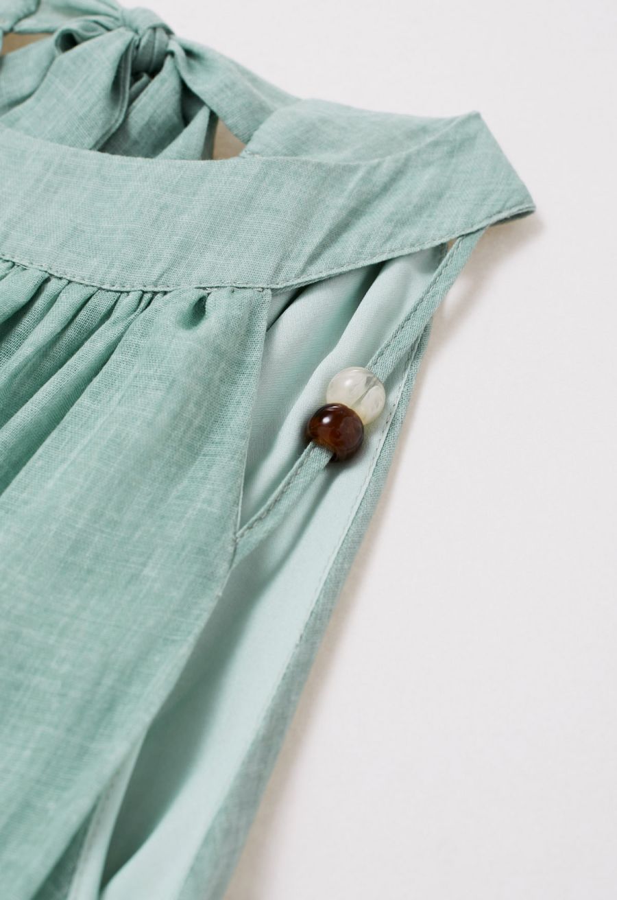 Beaded Tie-Neck Halter Dress in Pea Green