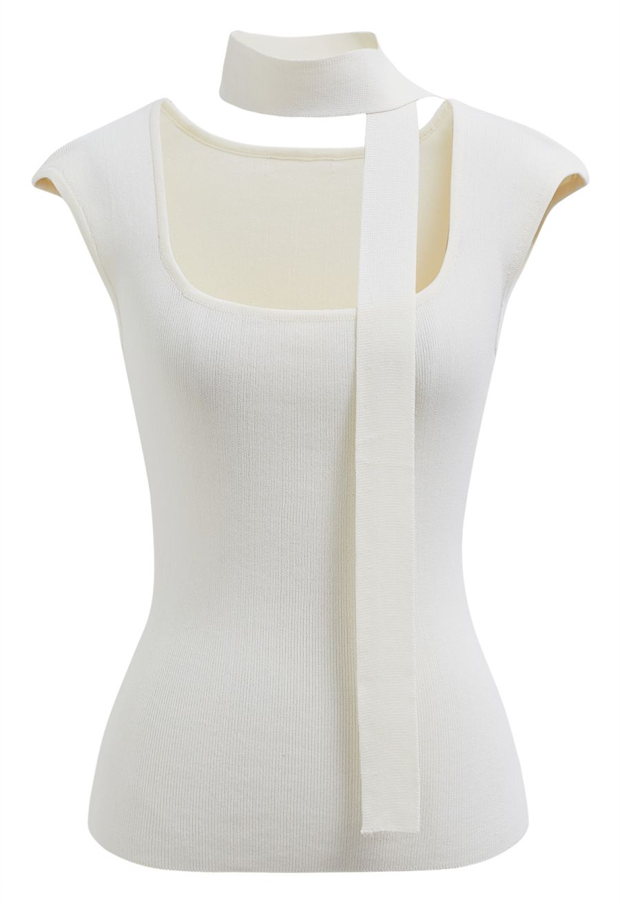 Square Neck Sleeveless Knit Top with Sash in White