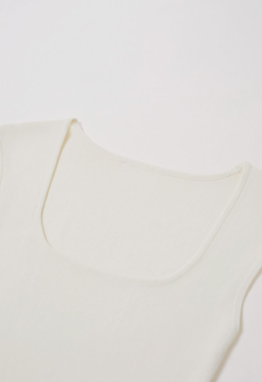Square Neck Sleeveless Knit Top with Sash in White