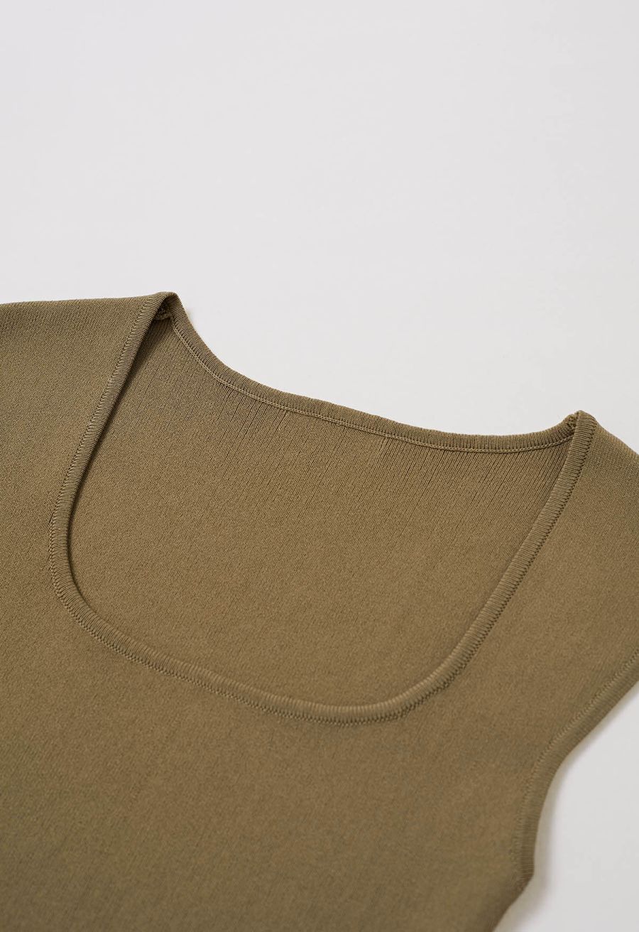 Square Neck Sleeveless Knit Top with Sash in Olive