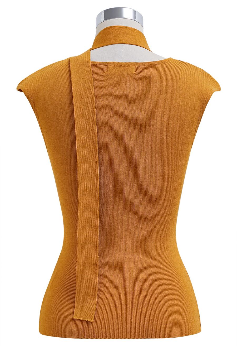 Square Neck Sleeveless Knit Top with Sash in Pumpkin