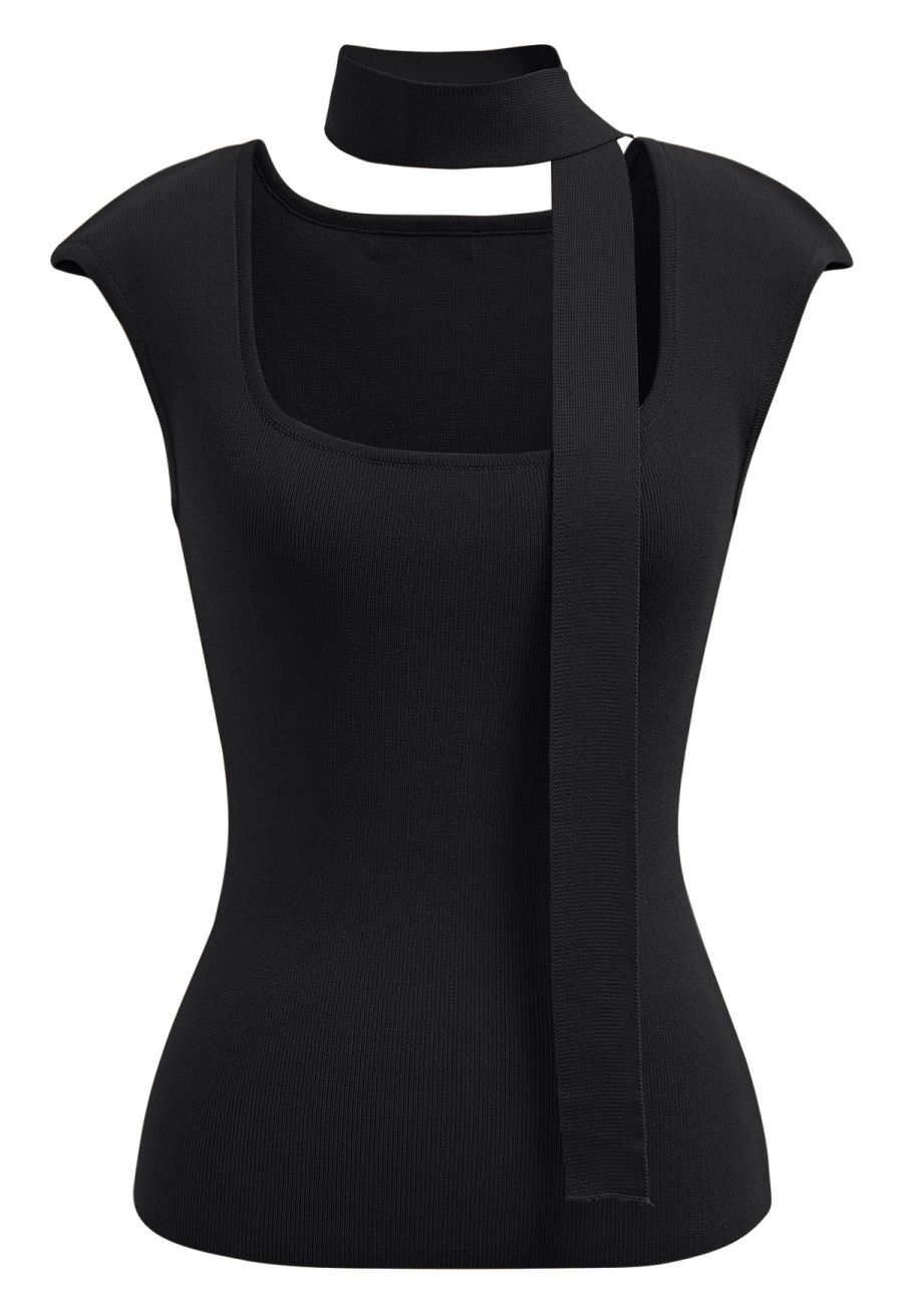 Square Neck Sleeveless Knit Top with Sash in Black