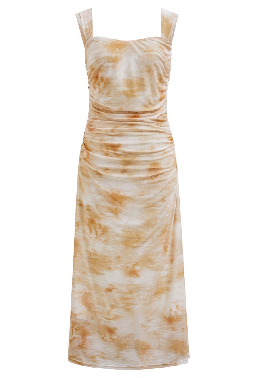 Watercolor Ruched Mesh Wide Strap Midi Dress in Orange