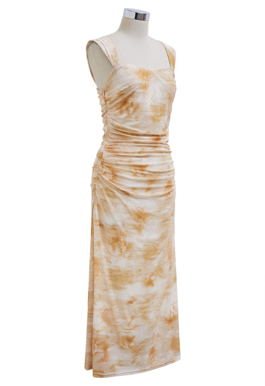 Watercolor Ruched Mesh Wide Strap Midi Dress in Orange