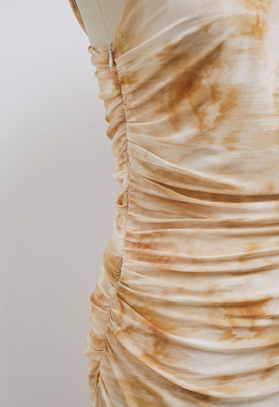 Watercolor Ruched Mesh Wide Strap Midi Dress in Orange