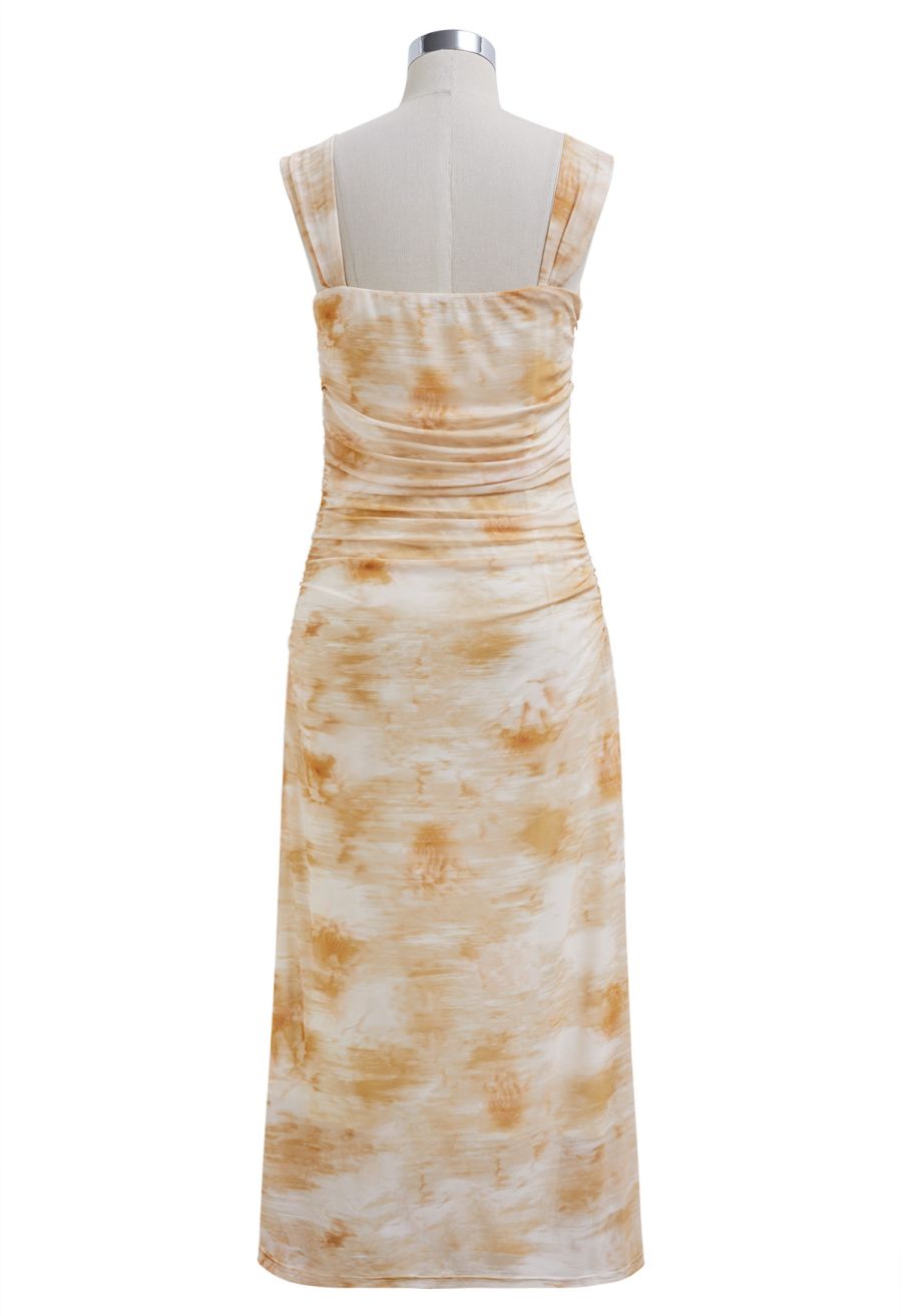 Watercolor Ruched Mesh Wide Strap Midi Dress in Orange