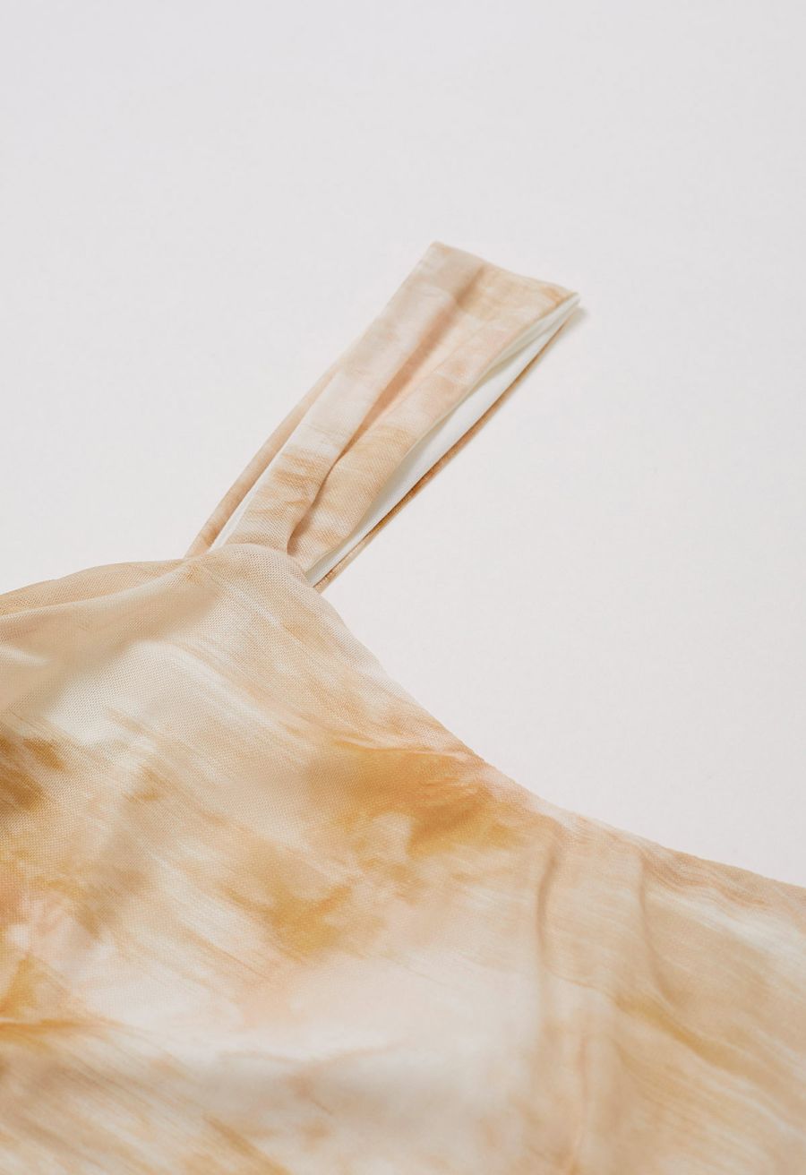 Watercolor Ruched Mesh Wide Strap Midi Dress in Orange