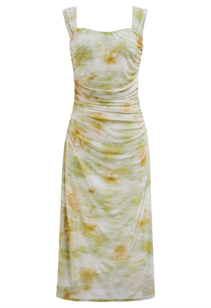 Watercolor Ruched Mesh Wide Strap Midi Dress in Pistachio