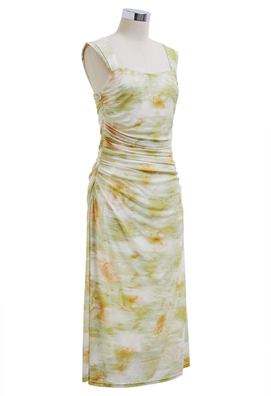 Watercolor Ruched Mesh Wide Strap Midi Dress in Pistachio