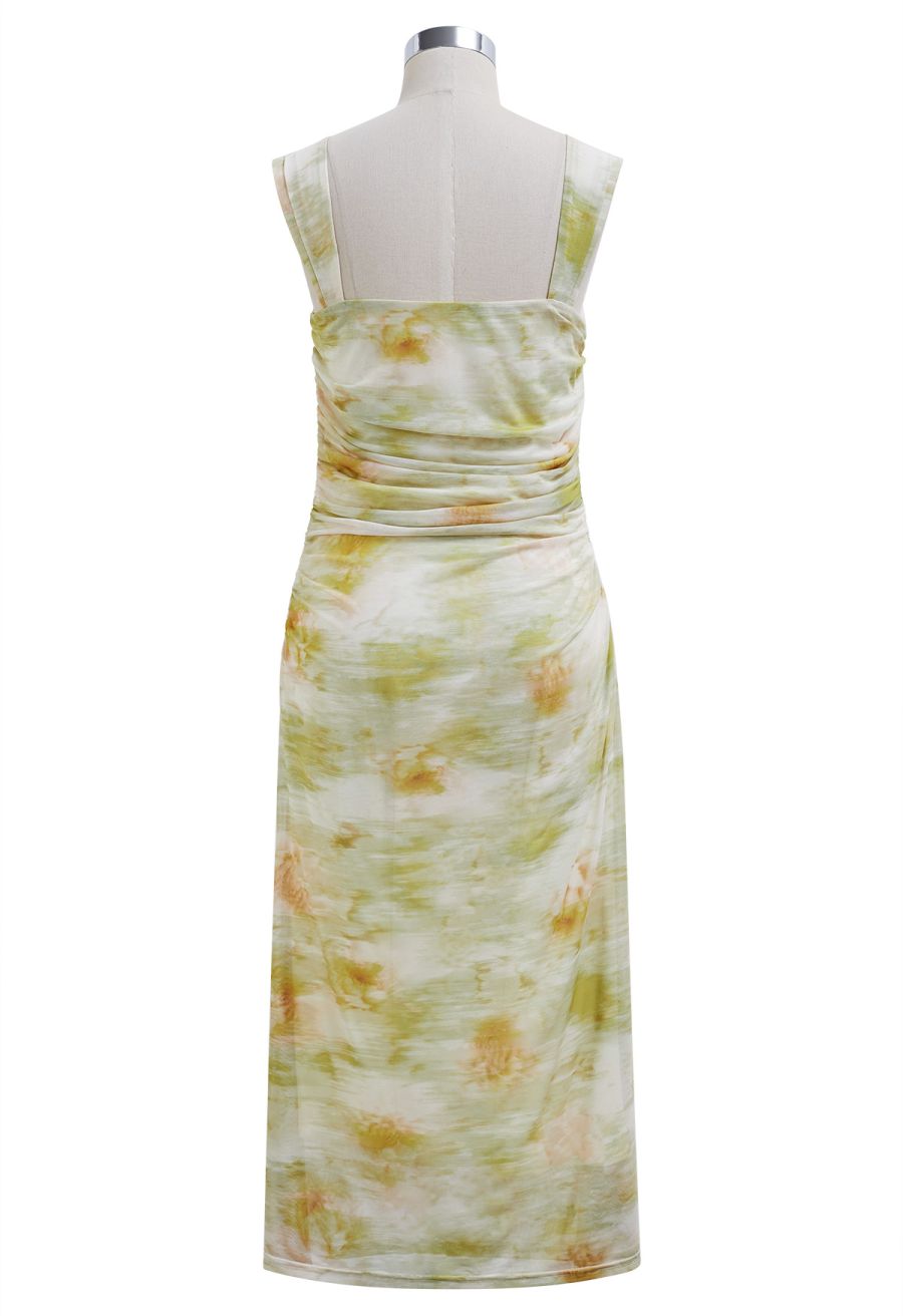 Watercolor Ruched Mesh Wide Strap Midi Dress in Pistachio