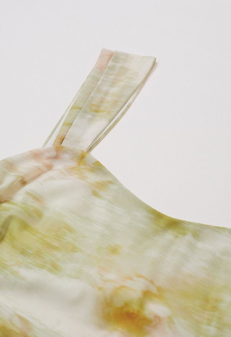 Watercolor Ruched Mesh Wide Strap Midi Dress in Pistachio