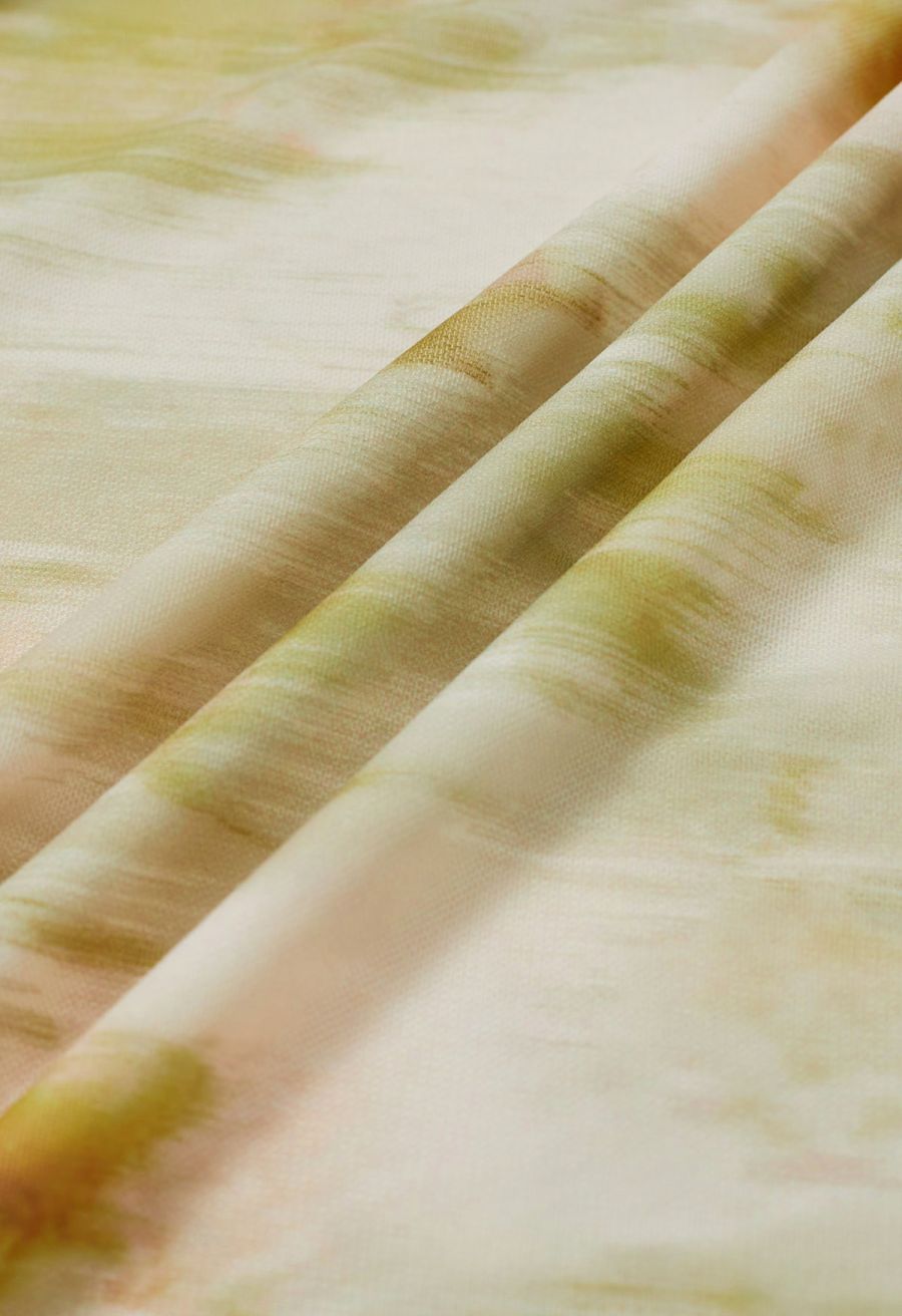 Watercolor Ruched Mesh Wide Strap Midi Dress in Pistachio