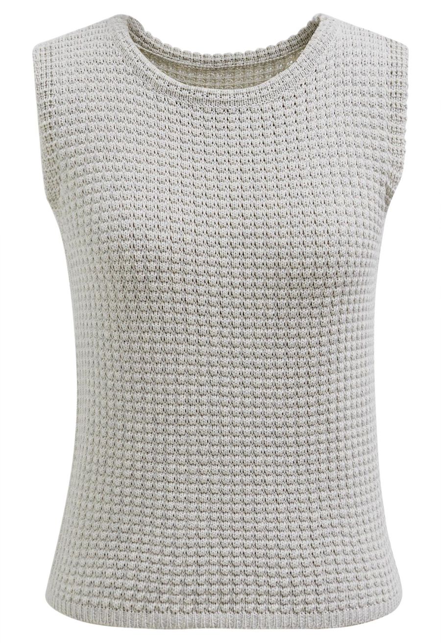 Solid Color Openwork Knit Sleeveless Top in Oatmeal