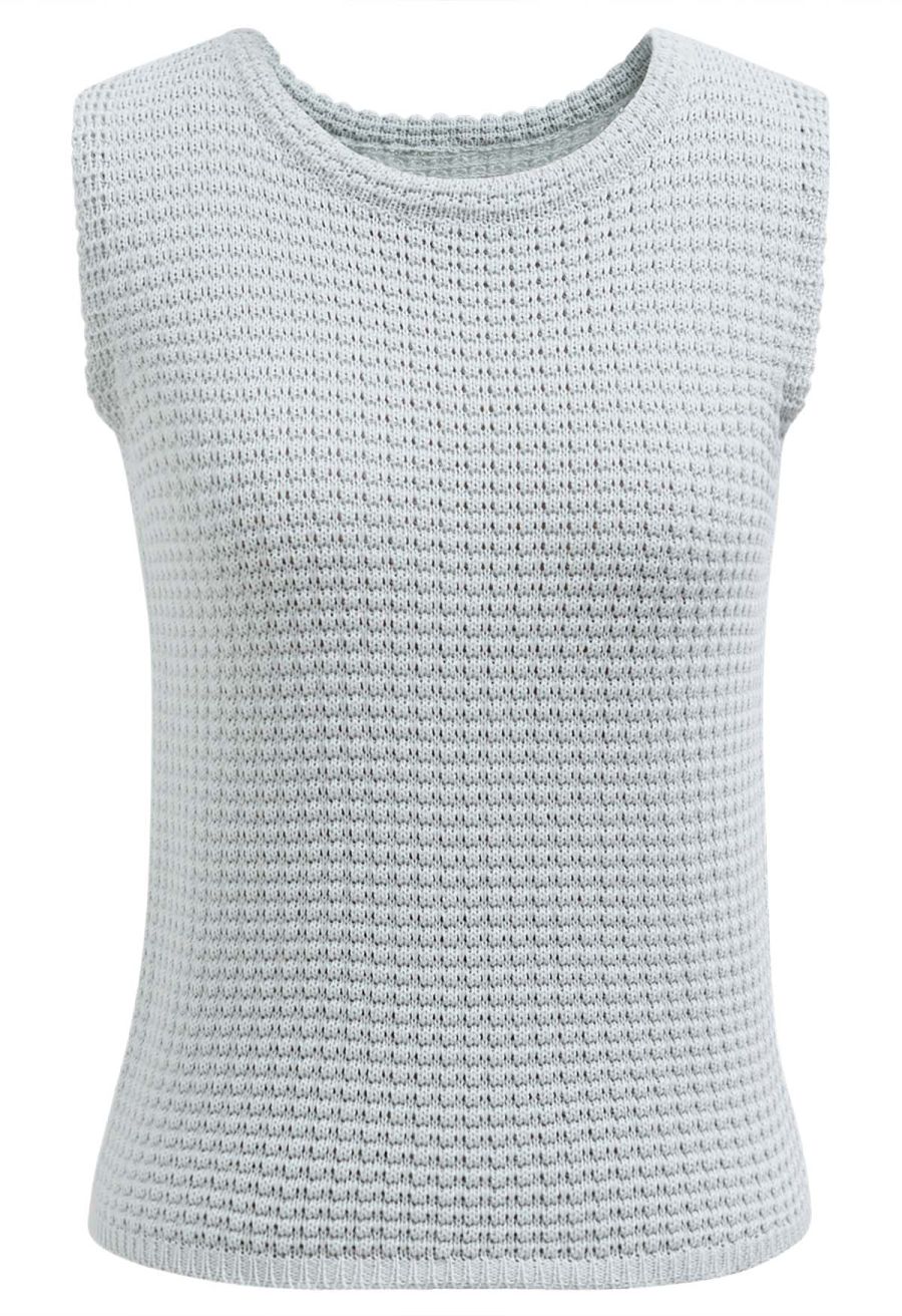 Solid Color Openwork Knit Sleeveless Top in Light Blue