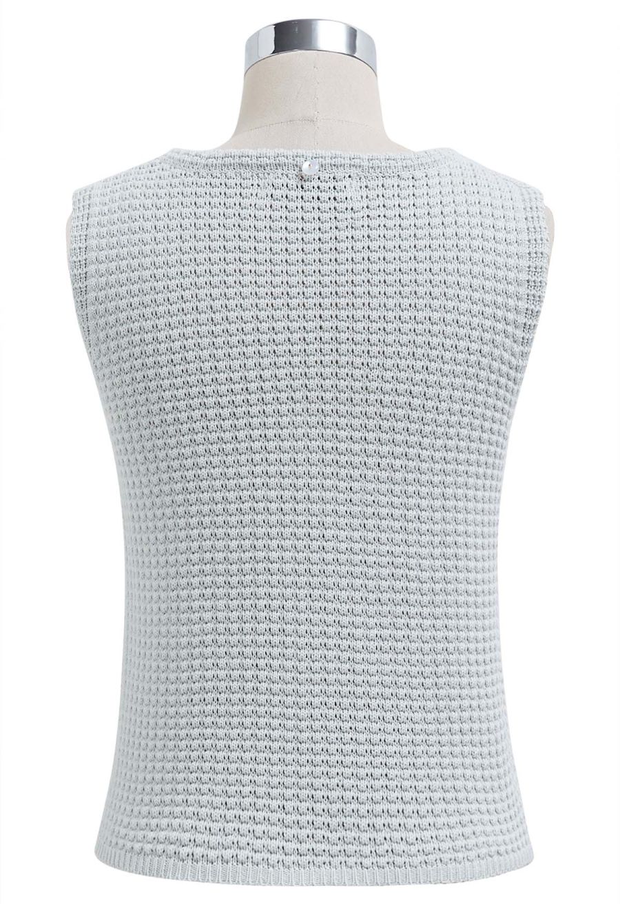 Solid Color Openwork Knit Sleeveless Top in Light Blue
