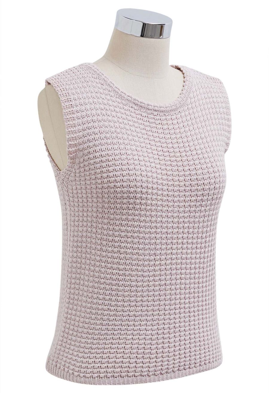 Solid Color Openwork Knit Sleeveless Top in Light Pink