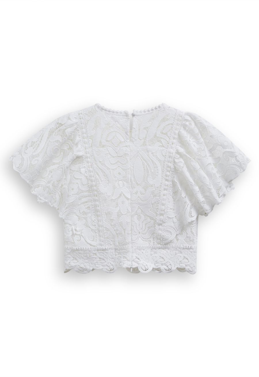 Delicate Cutie Cutwork Lace Flutter Sleeves Top in White