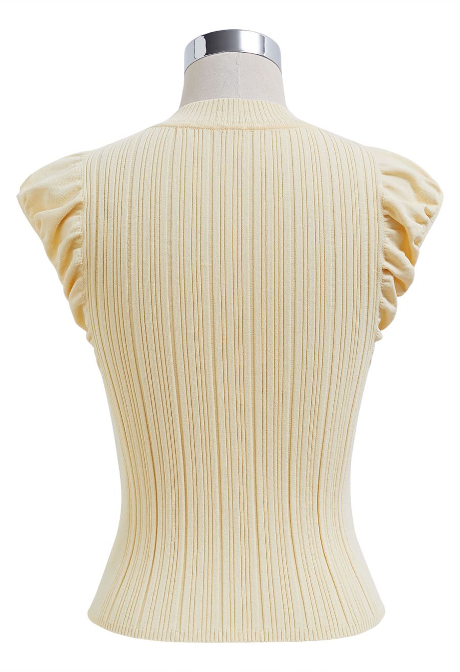 Choker Neck Ruched Cap Sleeves Knit Top in Light Yellow