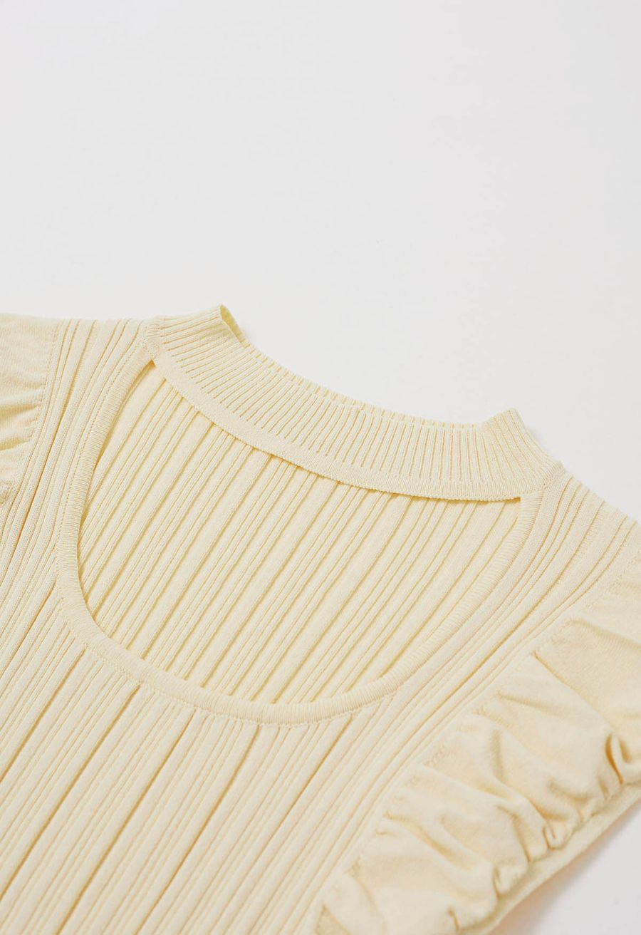 Choker Neck Ruched Cap Sleeves Knit Top in Light Yellow