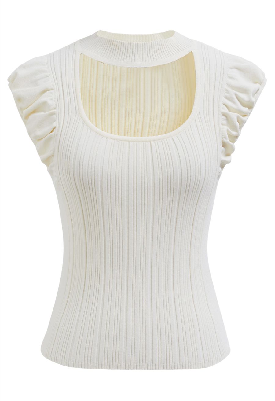 Choker Neck Ruched Cap Sleeves Knit Top in Cream