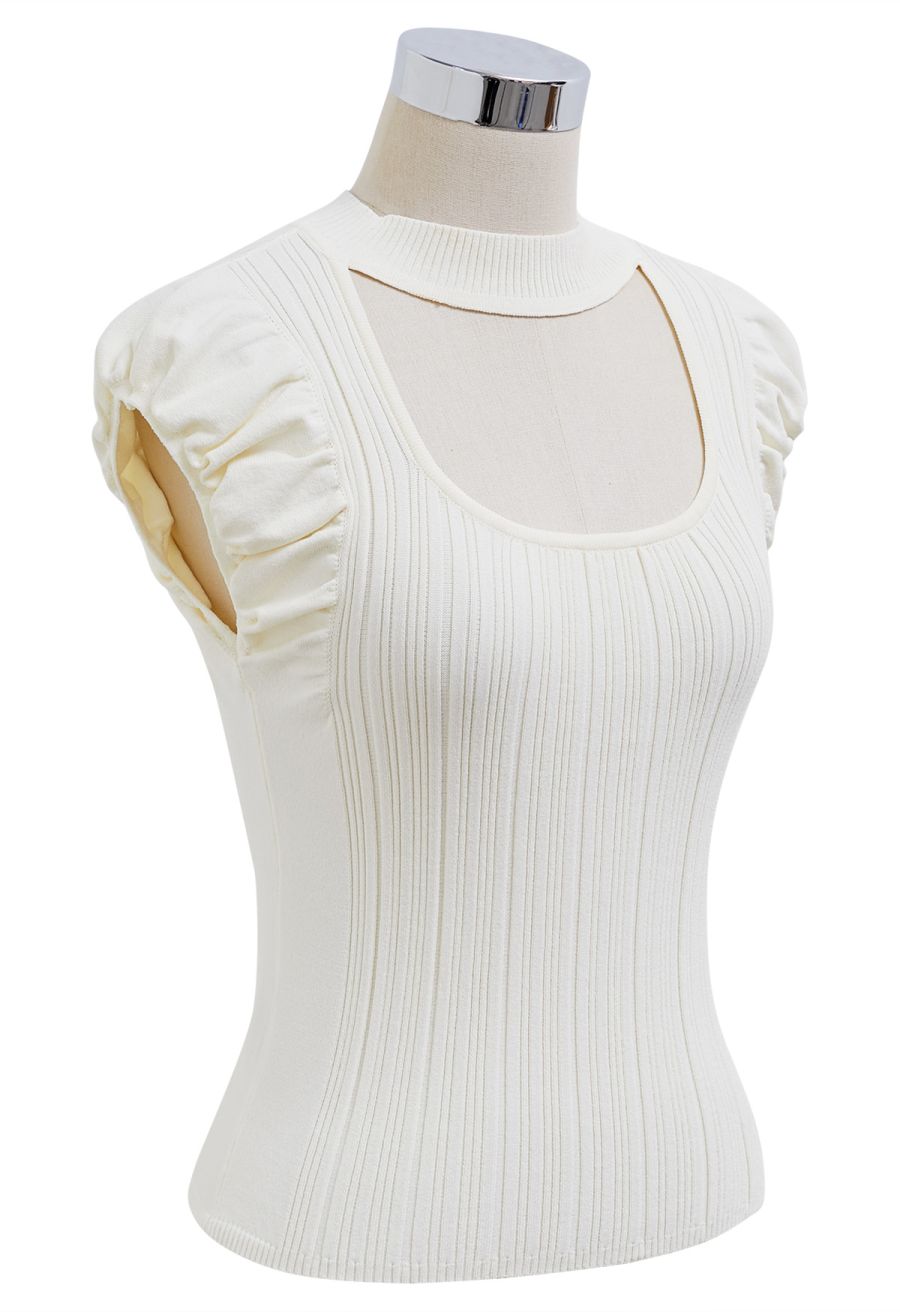 Choker Neck Ruched Cap Sleeves Knit Top in Cream