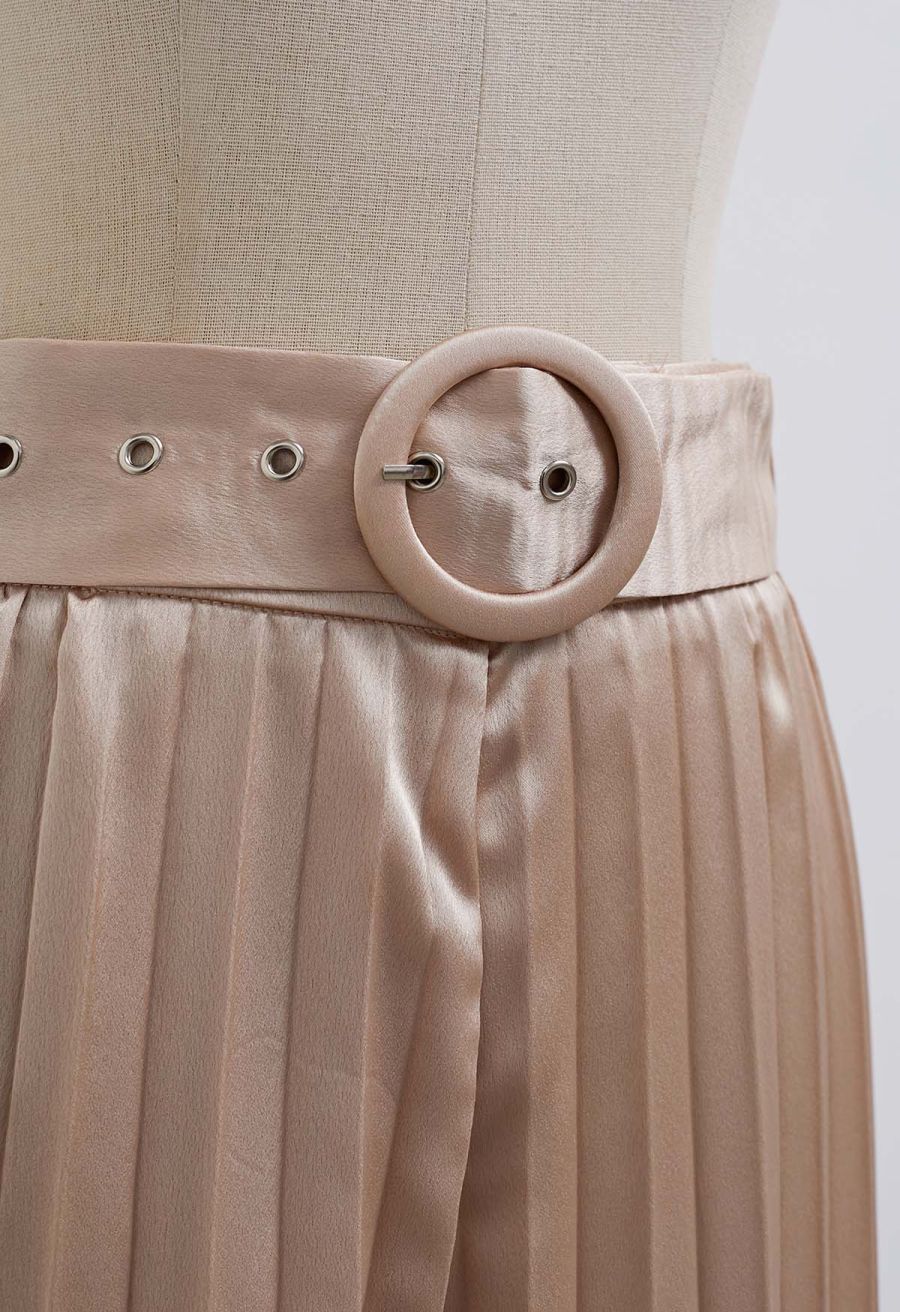 O-Ring Belt Pleated Wide-Leg Pants in Coral