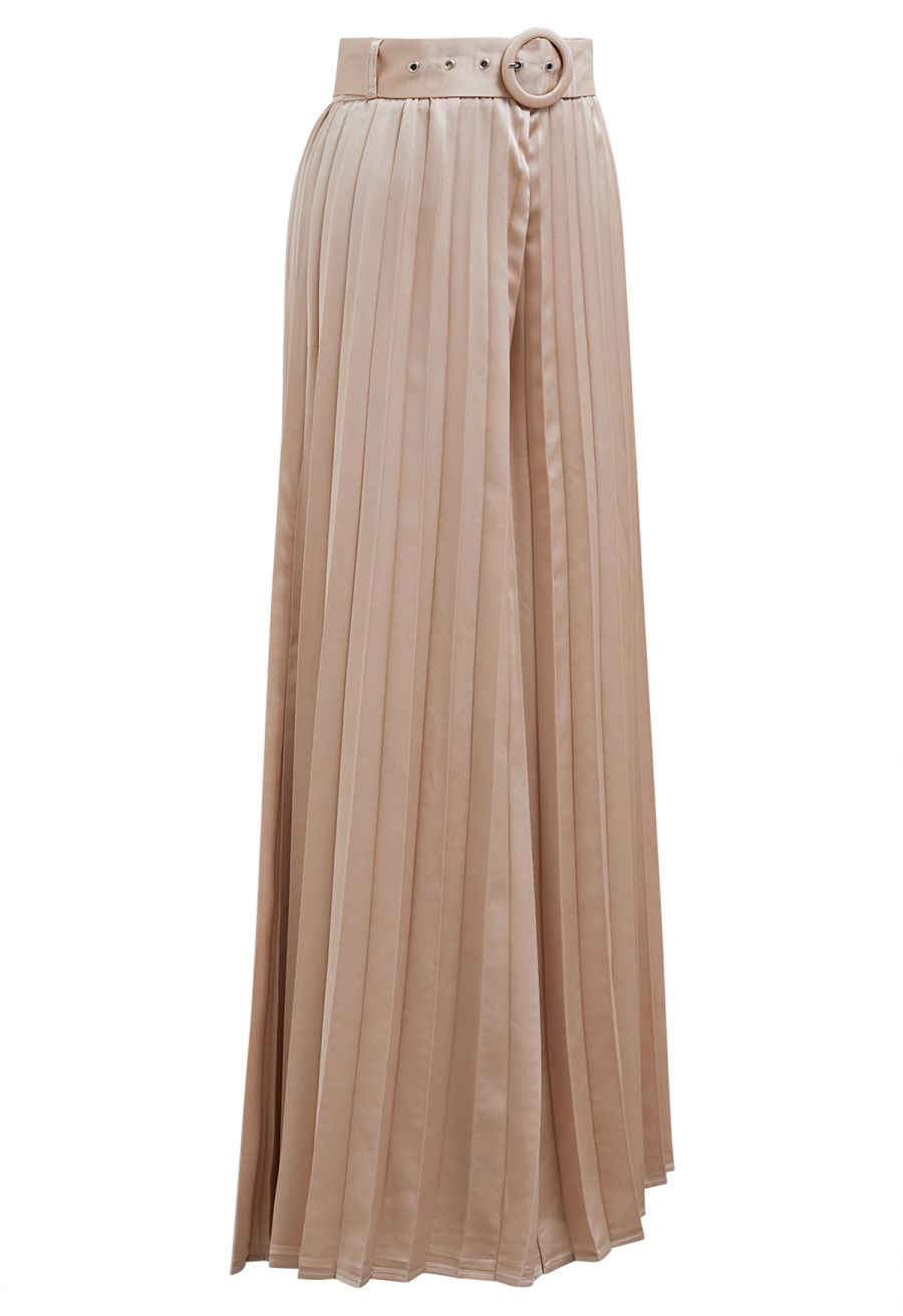 O-Ring Belt Pleated Wide-Leg Pants in Coral