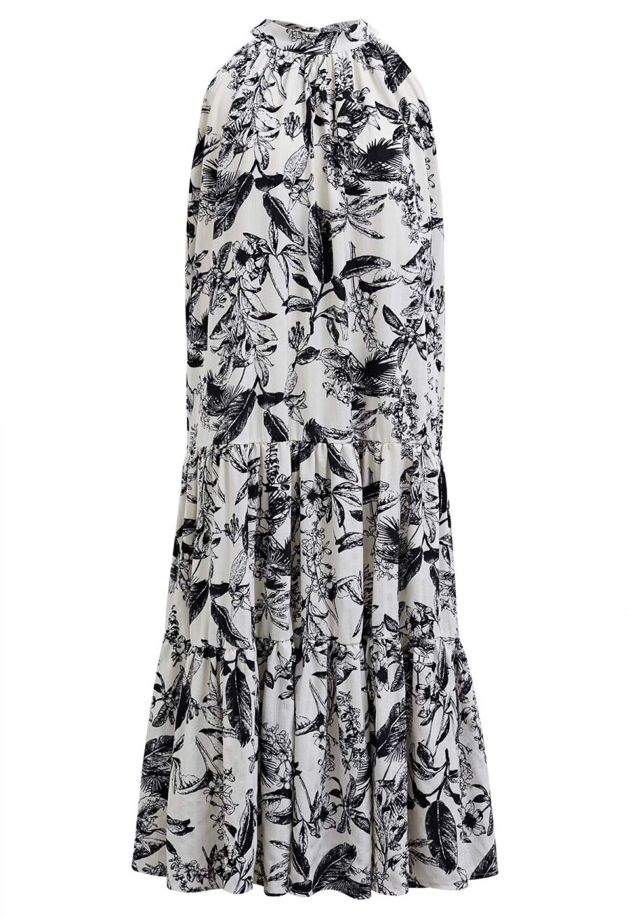 Ink Floral Print Halter Frilling Dress