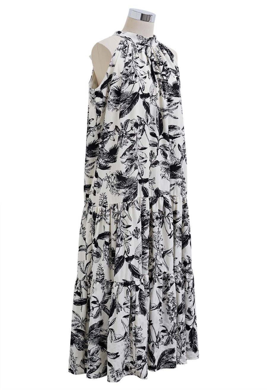 Ink Floral Print Halter Frilling Dress