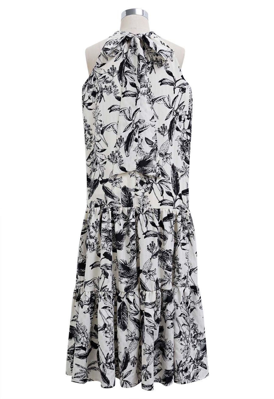 Ink Floral Print Halter Frilling Dress