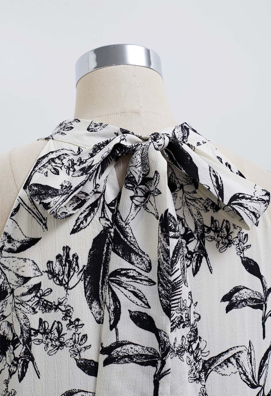 Ink Floral Print Halter Frilling Dress