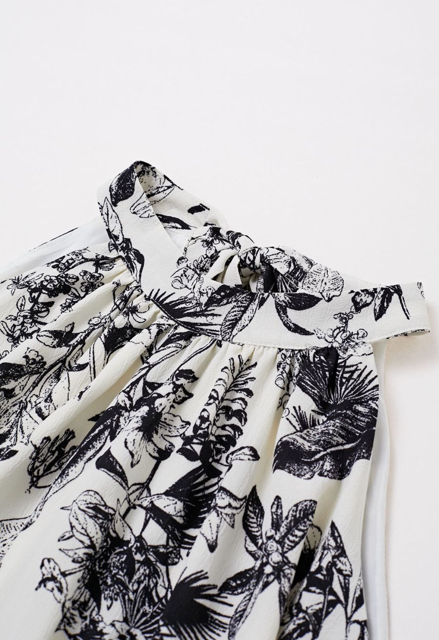 Ink Floral Print Halter Frilling Dress