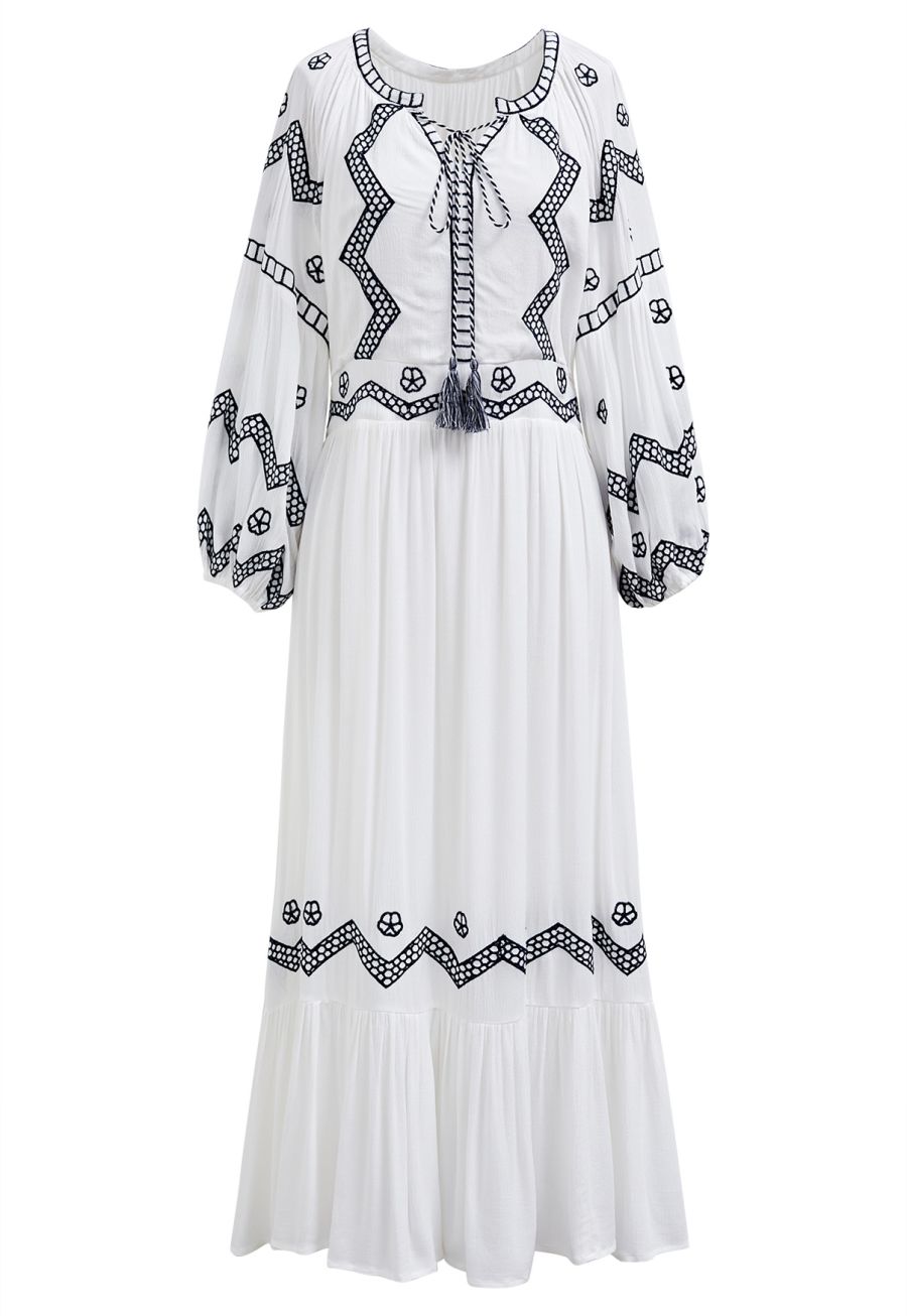 Geometric Embroidery Tassel String Midi Dress