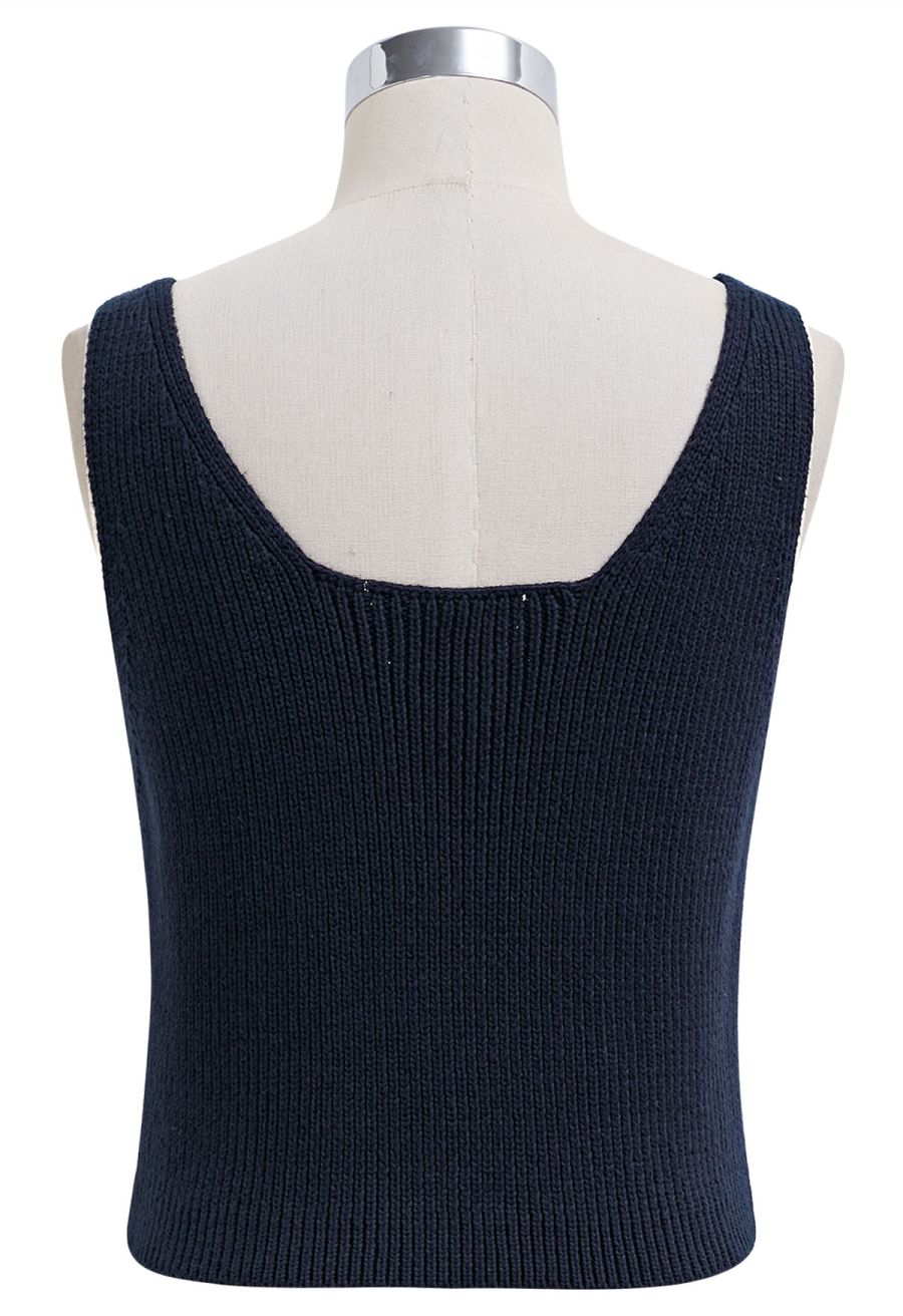 Button Down Sleeveless Knit Crop Top in Navy