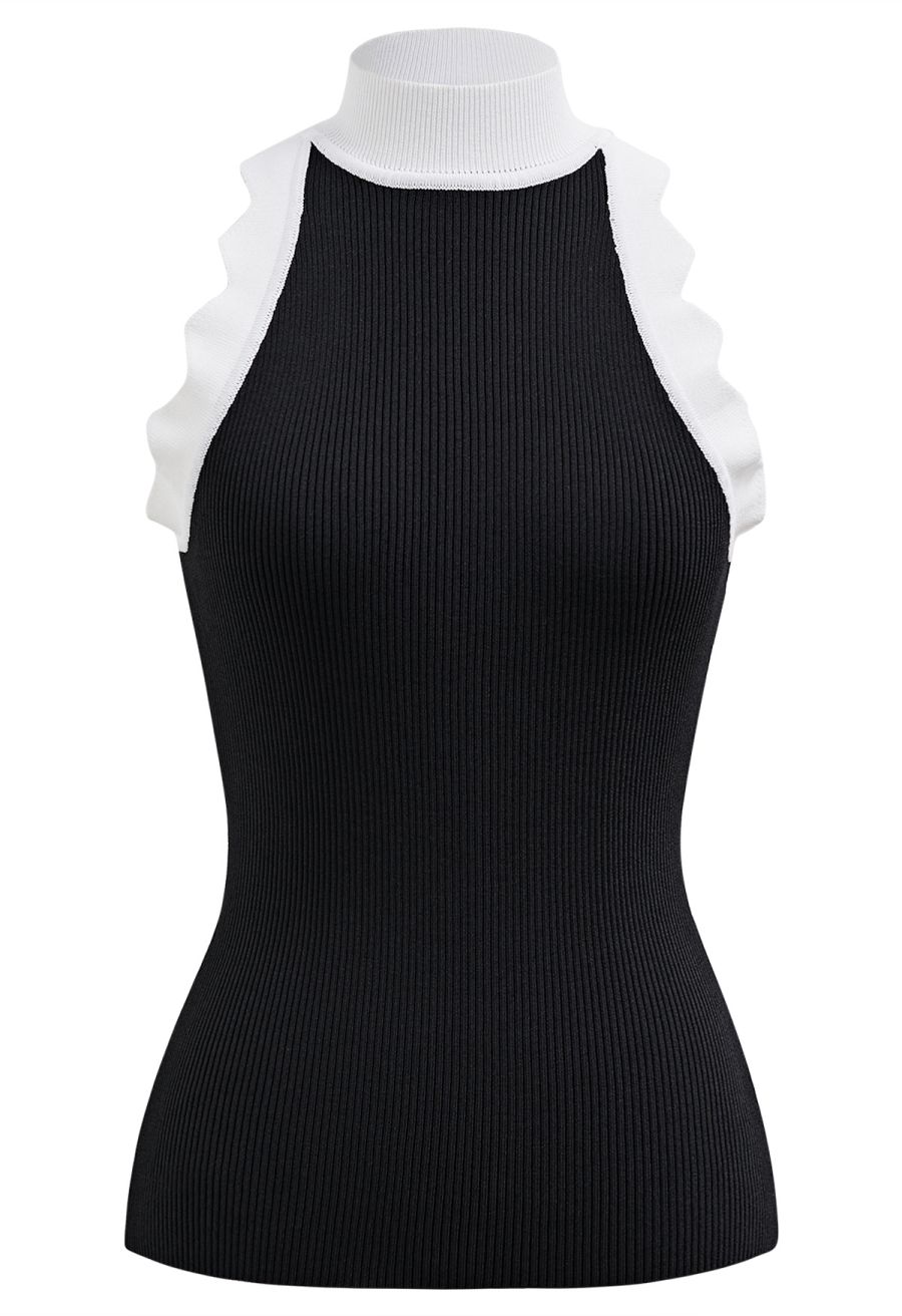 Wavy Contrast Edge Halter Neck Knit Top in Black